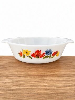 Vintage Glasbake Milk Glass Casserole Dish Watercolor Floral Wildflower 2 Qt